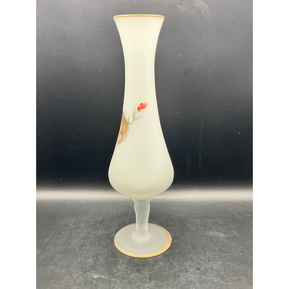 Vtg Norleans White Satin Frosted Glass Bud Vase Bird Gold Rim Pedestal 60s 10"‎ - Picture 2 of 7